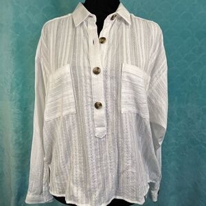 Loft White Embroidered Cotton Blouse Long Sleeve High Low Hem Medium
